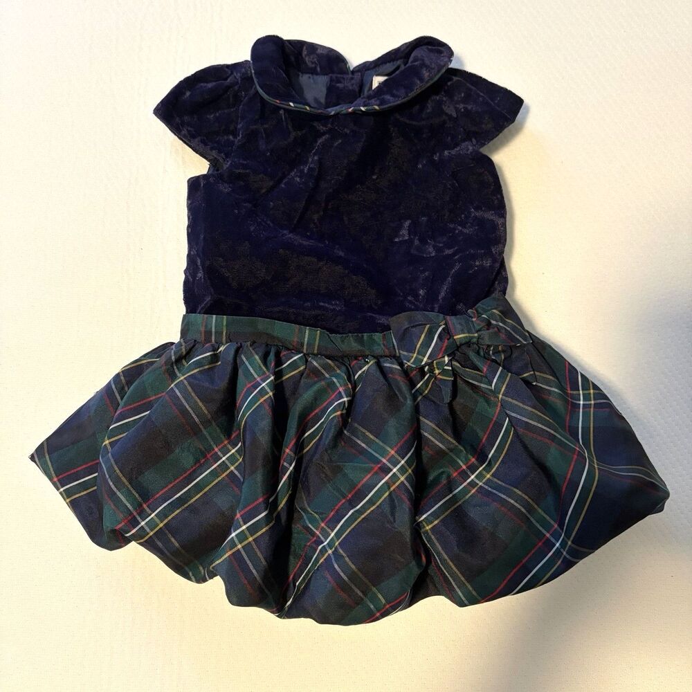 Janie And Jack Bubble Hem Dress Plaid Velvet Christmas Holiday Infant Girls 3-6m